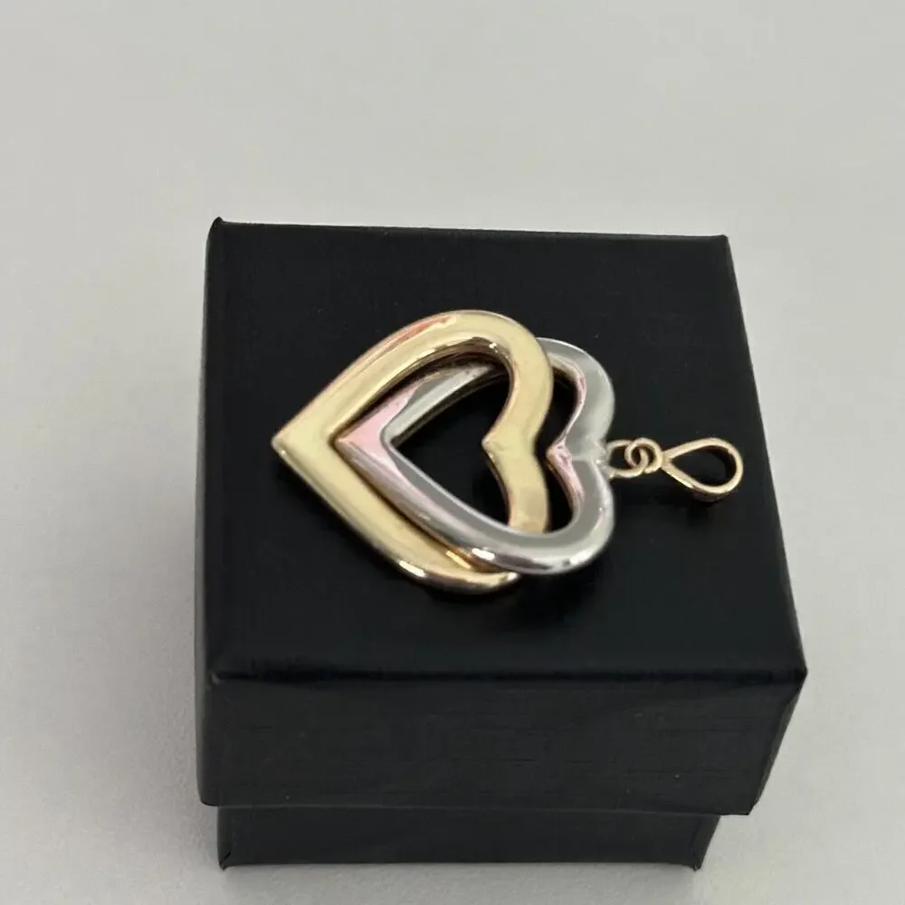 14K Yellow & White Gold Two Tone Double Interlocking Hearts Pendant